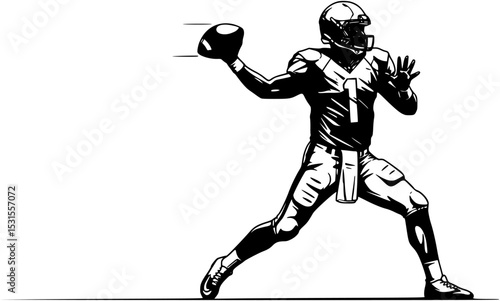 Powerful quarterback launching a lightning fast pass dynamic action pose black and white
