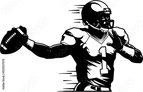 Powerful quarterback launching a lightning fast pass dynamic action pose black and white
