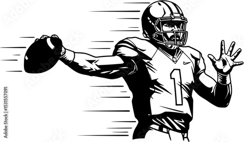 Powerful quarterback launching a lightning fast pass dynamic action pose black and white

