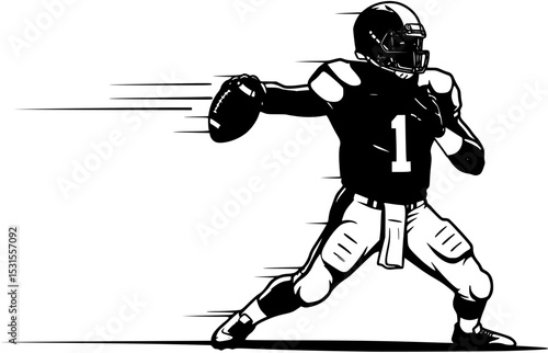 Powerful quarterback launching a lightning fast pass dynamic action pose black and white
