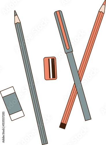 Pen pencils eraser and sharpener