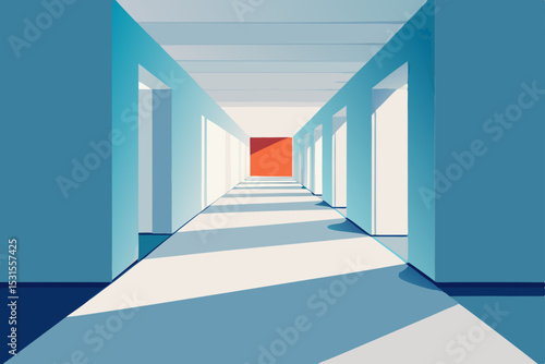 corridor with red carpet and blue sky