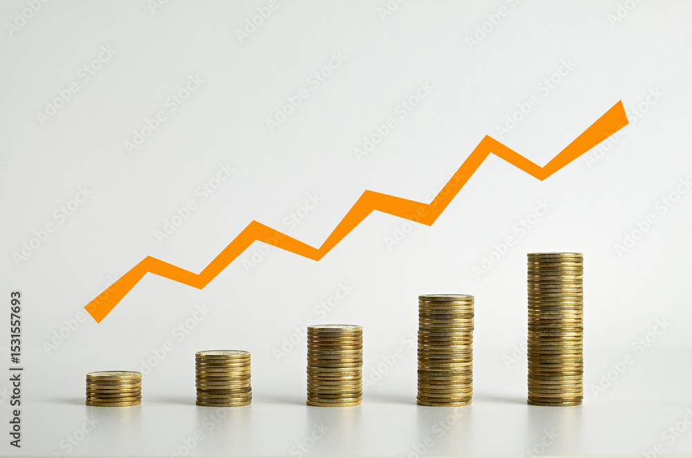 Coins arranged as a bar chart with a graph line above. Five stacks of coins with a graph line above - stock photo. Coins arranged as a bar chart with a graph line above. Five stacks of coins with a graph line above - stock photo.