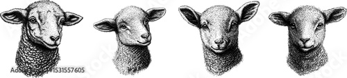 Cute sheep or lamb head engraving style vector illustration