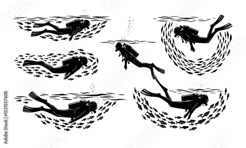 Set Bundle Creative black and white illustrations showcasing divers interacting with schools of fish in dynamic underwater movements and scenery