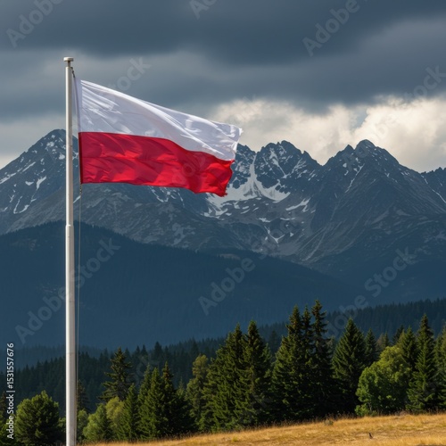 Waving Polish Flag Representing National Resilience Against the Dramatic High Peaks of the Tatra Mountains