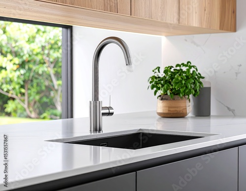 Modern kitchen sink with faucet and greenery