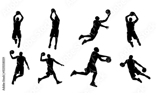 Set Bundle of Black and White Silhouettes of Basketball Players in Action Showcasing Dynamic Moves Skills and Techniques on the Court