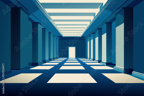 empty corridor with blue windows
