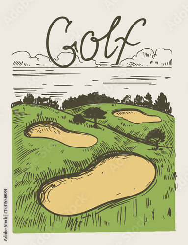 Golf course, vector realistic hand drawn sketch, monochrome illustration
