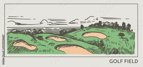 Golf course, vector realistic hand drawn sketch, monochrome illustration