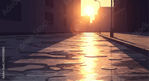 Urban sunset reflection on wet street in minimalist vector style  