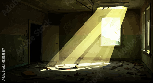 Abandoned room with sunlight streaming through the window in decay  