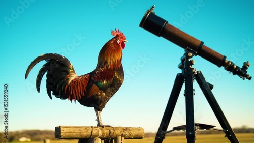 A rooster standing on a wooden structure next to a telescope under a clear blue sky outdoors