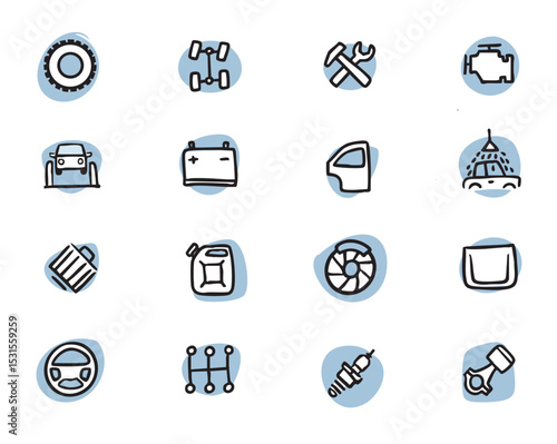 Car spare parts. A set of vector images in sketch style with car spare parts.