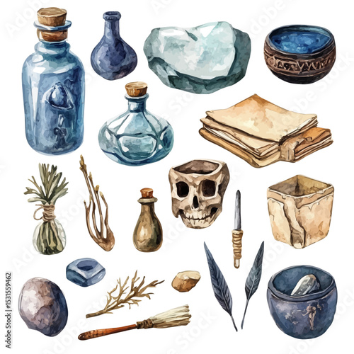 watercolor vector of Mythological Objects, isolated on a white background.
