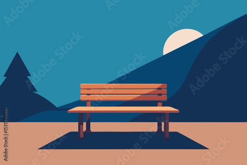 Vector illustration of a single wooden bench in a mountain landscape at night