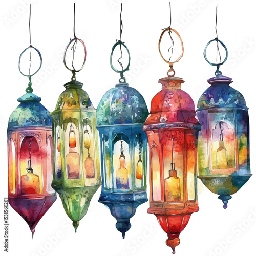 Mystical Lanterns, watercolor illustration vector, isolated on a white background.