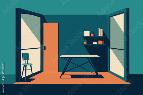 Vector illustration of an ironing room with table and chair