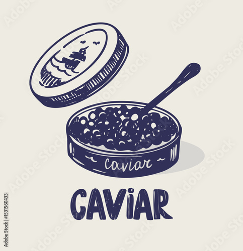 Black sturgeon caviar, beluga, realistic hand drawn sketch, vector monochrome illustration