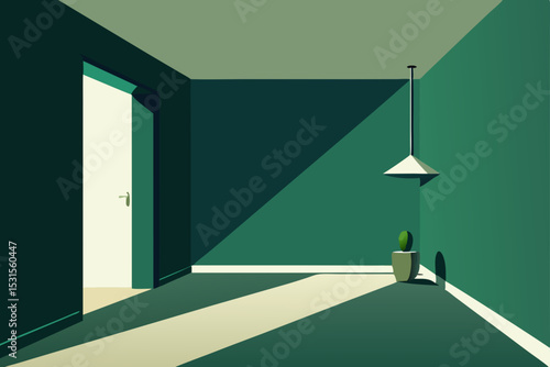 Vector illustration of a minimalist green room interior with door, lamp and potted plant