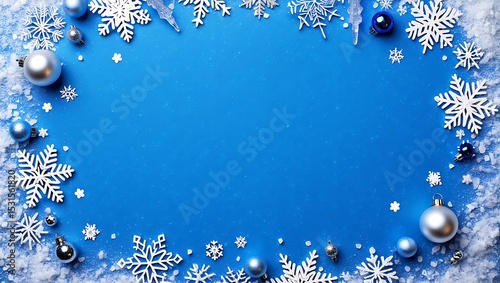 Festive Winter Wonderland Blue Christmas Background with Snowflakes and Ornaments