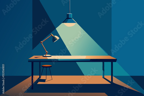 Vector illustration of a desk with lamp and stool in a room