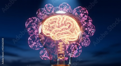 Illuminated Brain Within Lightbulb Surrounded by Glowing Equations