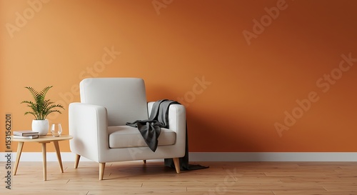 Interior scene Armchair plant and ochre wall