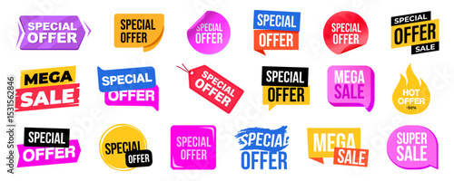 Special offer, mega sale and hot discount labels in different shapes and styles.