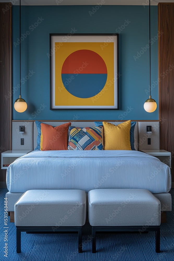 Obraz premium Modern hotel bedroom with colorful accents and stylish interior design