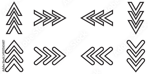 Chevron arrow patterns set. Chevron shape line. Motion direction road line. Triangle arrow sign. Warning repeat striped. Swipe icon. Design element. Vector illustration isolated on white background.