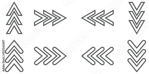 Chevron arrow patterns set. Chevron shape line. Motion direction road line. Triangle arrow sign. Warning repeat striped. Swipe icon. Design element. Vector illustration isolated on white background.