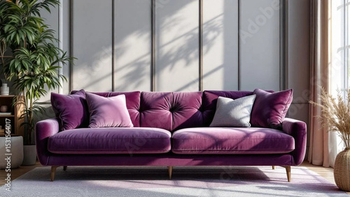 Purple velour sofa in the modern room. 
