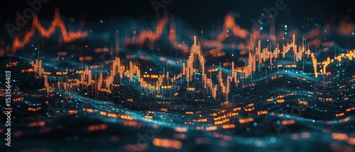 Abstract visualization of data as a dark, undulating landscape with orange and blue glowing peaks and valleys, resembling a financial chart