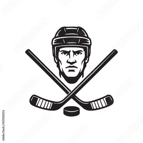 Retro hockey skull logo with crossed sticks