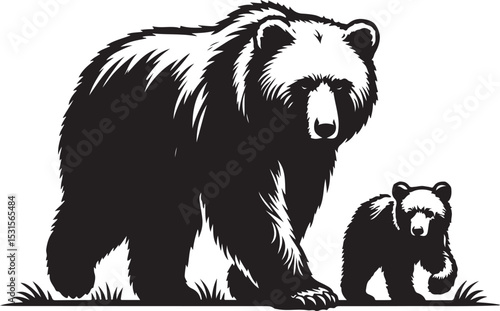 Silhouette of Bear and Cub Walking Together  Wildlife Family Vector Illustration new 2025 trendy unique