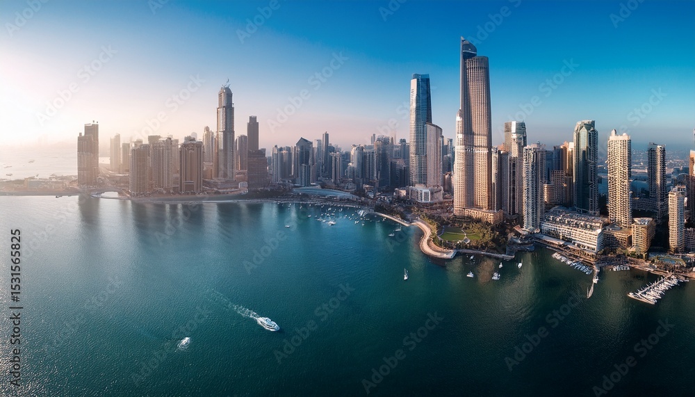 Obraz premium aerial image of city skyline with surrounding water