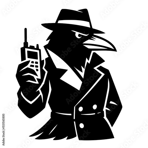 A mysterious crow detective with a hat and trench coat, a symbol of covert operations and espionage, clutching a walkie-talkie, as a cool illustration.