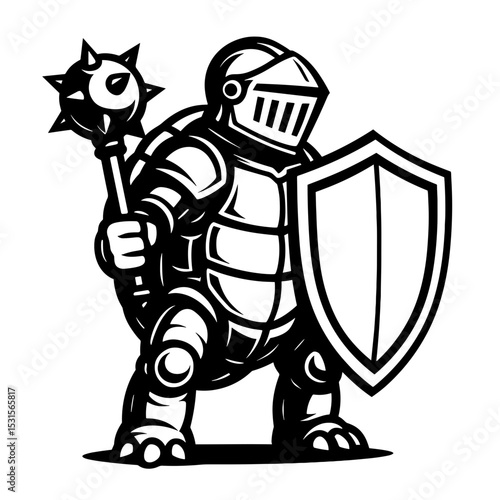 A fierce turtle knight stands ready for battle, wielding a mace and shield in a bold, graphic depiction. The illustration captures the spirit of medieval fantasy and protection.
