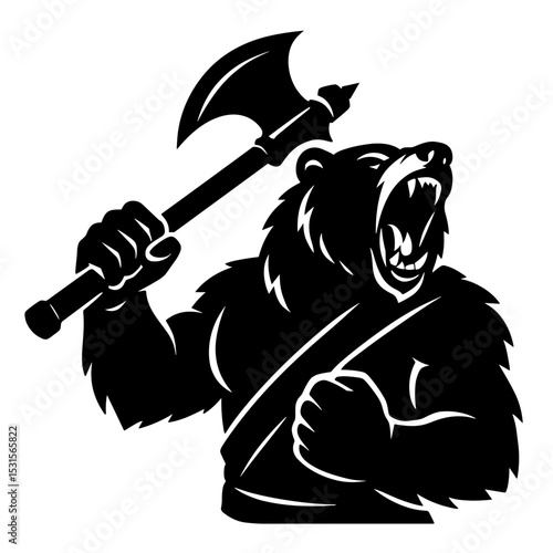 A powerful illustration shows a fierce bear brandishing an axe. The detailed linework and bold silhouette of the bear and axe add to a compelling image, suitable for various design purposes.