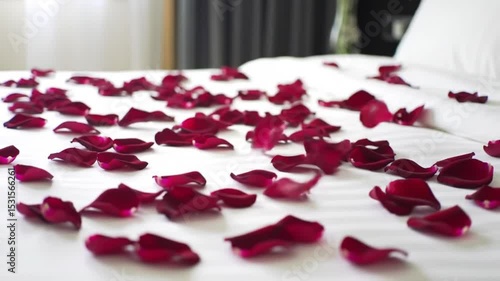 Red rose petals scattered across a white bed in a hotel room creating a romantic atmosphere