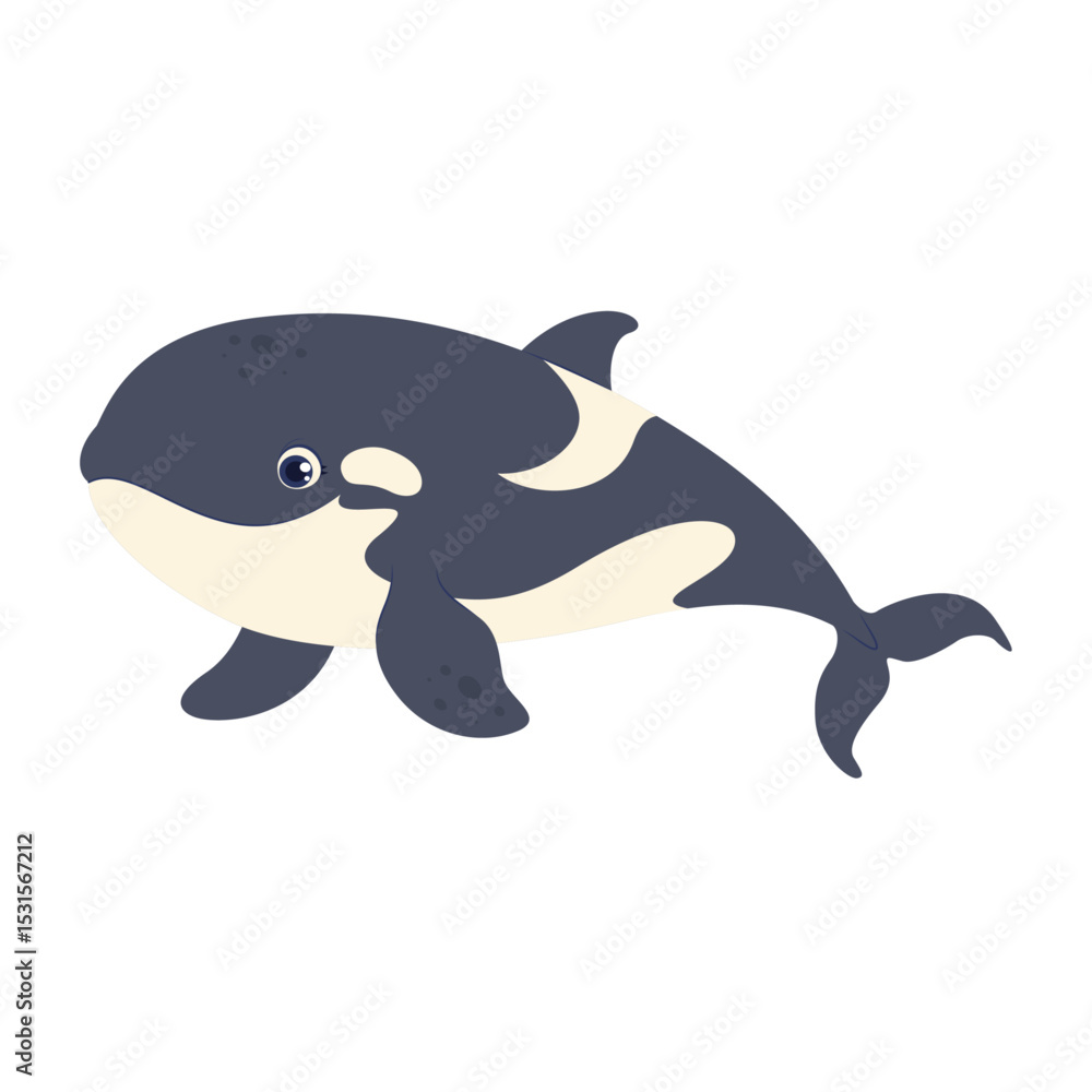Fototapeta premium Cute killer whale in dark blue and cream colors. Adorable sea animal character, perfect for children's designs, posters and educational materials.