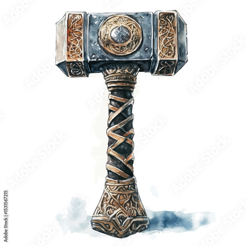 Mjolnir Thors Hammer, watercolor illustration vector, isolated on a white background.