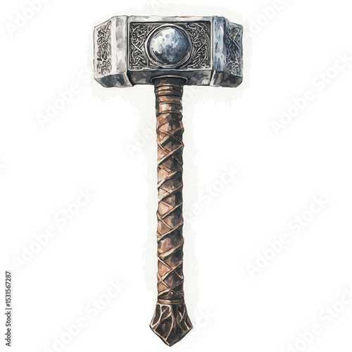 watercolor vector of Mjolnir Thors Hammer, isolated on a white background.
