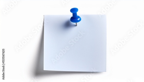 plain white one single square sticky post it note with blue pushpin isolated white background photo