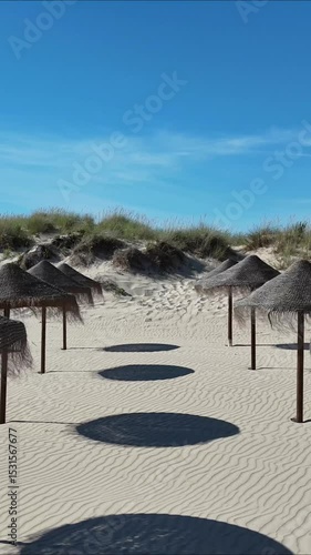 Drone approaching a straw parasol on the sandy beach of Caparica near Lisbon, Portugal. Blue sky, warm sunlight, relaxed atmosphere and gentle cinematic motion.

