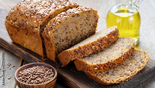 A hearty loaf of flaxseed bread with a golden crust and dense, seed-filled interior sits on a rustic board. Nearby, flaxseeds and flaxseed oil highlight its wholesome, nutritious ingredients