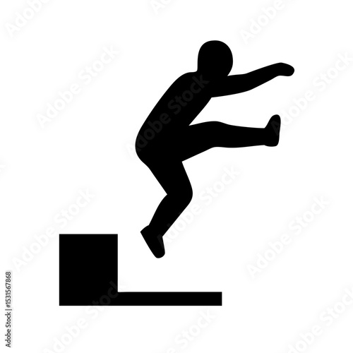 Parkour Step Jump Silhouette Icon – Acrobatics Vector:
Silhouette icon depicting a parkour athlete making a high step jump, great for urban movement, fitness, and training graphics.
