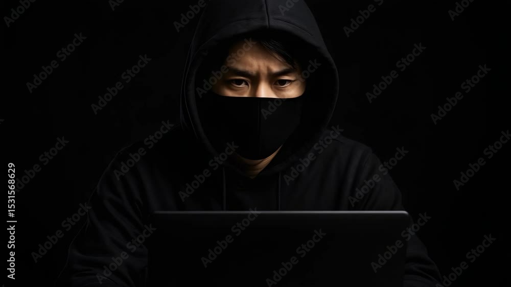 黒いマスクをしたハッカーがノートパソコンの前にいる
黒いマスクをしたハッカーがノートパソコンの前にいる